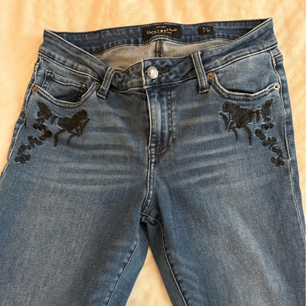 Lucky Brand Blue Jeans with Black Floral Embroidery - Picture 2 of 4